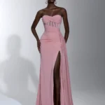 Women’s Pink Strapless Maxi Dress – Twisted Bodice, Sheer Panel, High Slit, Evening & Wedding Guest