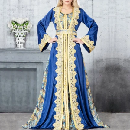 Moroccan Kaftan Abaya for Women – Luxury Belted Muslim Evening Dress for Ramadan & Weddings